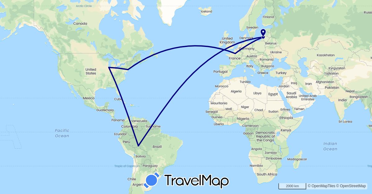 TravelMap itinerary: driving in Brazil, France, Lithuania, United States (Europe, North America, South America)